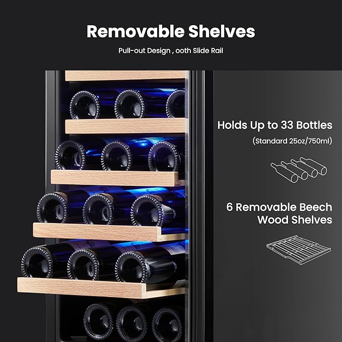 Yeego Wine Fridge - 15 inch 33 Bottles 40-65℉ Temperature Touch Control, Built-In/Under Counter/Freestanding Wine Cooler Refrigerator with Glass Door, Perfect for Bar, Home, Kitchen Cabinet, Office