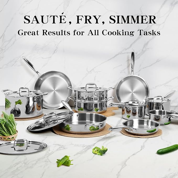 EWFEN Stainless Steel Cookware Set, 3 Ply 17 Piece Stainless Steel Pot and Pan Set, Oven Dishwasher Safe | Induction Compatible Frying Pans, Saucepans, Saute Pan & Stock Pot, PFOA, PTFE & PFOS Free