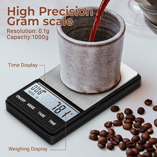 Digital Coffee Scale with Timer,Espresso Scale 1000g x 0.1g Mini Barista Scale,Pocket Food Scale Gram and Ounces with LCD Display/Auto-Off/Tare Function(Batteries Included)