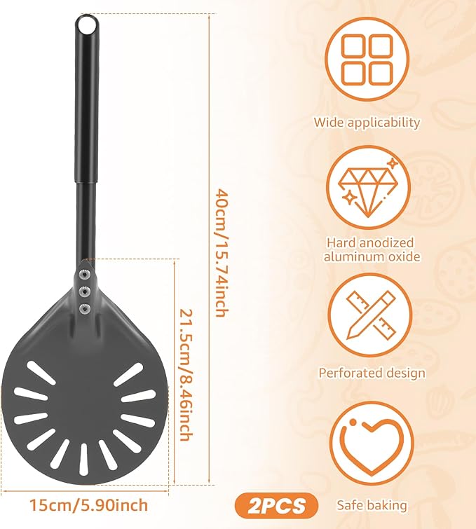 2Pcs Pizza Turning Peel with Long Handle Aluminum Pizza Peel Spinner Perforated Pizza Turner Spinner Non-Stick Pizza Paddle 15.7×5.9×8.46 Inch Scratch Resistant Pizza Peel Paddle for Home Oven