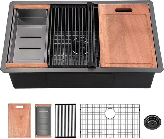 28 inch Gunmetal Black Undermount Kitchen Sink, HausinLuck 16 Gauge Stainless Steel Undermount Workstation Kitchen Sink Handmade 10 inch Deep Single Bowl Sink with Ledge and Accessories (Pack of 5)