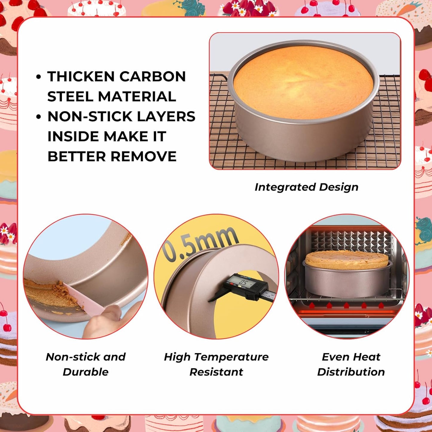 beyonday 2pcs Round Cake Pan with Removable Bottom, 6 inch & 8 inch Carbon Steel Cake Trays for Chiffon Mousse Bread, Non-stick Cheesecake Baking Mold for Birthday Party Wedding Anniversary