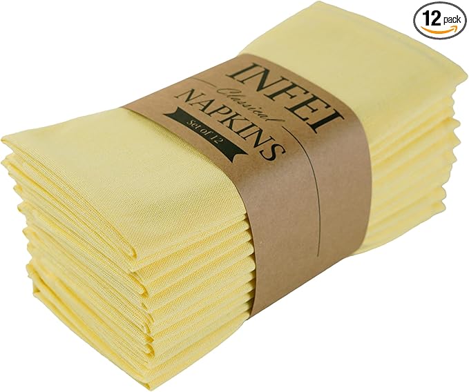 Solid Color Linen Blended Thin Dinner Cloth Napkins - Set of 12 (40 x 40 cm) - for Easter Events & Home Use (Yellow)