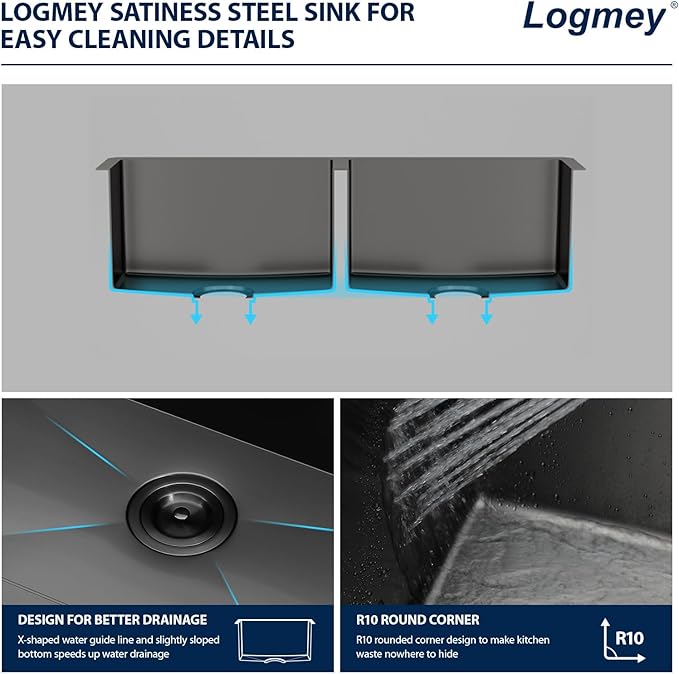 Logmey 33 Inch Double Bowl Undermount Kitchen Sink 33x19x9 Inch 50/50 Gunmetal Black Nano Coating Stainless Steel 16 Gauge Handmade Kitchen Sink