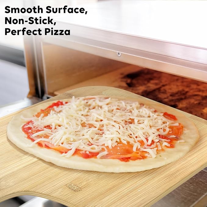 Pizza peel, 12" natural bamboo pizza paddle, Essential accessories for indoor Outdoor Ovens, baking homemade pizza, cutting board, Cheese, Serving Pizza, Bread, Cookies & More, Eco-Friendly & Durable