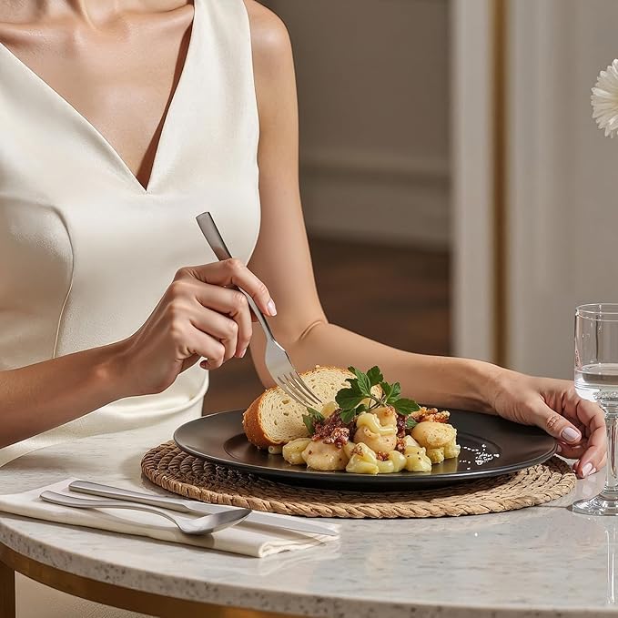 HIKAA Forged Silverware Set Stainless Steel Flatware Set,Service for 8,Matte Satin Polished Cutlery Set, with Serving Set and Metal Organizer (Matte Silver 45PCS)