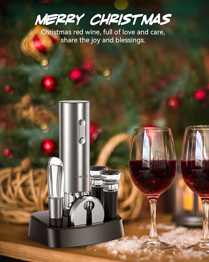 TOMEEM Electric Wine Opener Set - Rechargeable Wine Bottle Opener with Vacuum Stoppers,Wine Pourer, Foil Cutter,and Storage Stand - Ideal Wine Accessories & Wine Gift Set for Wine Lovers