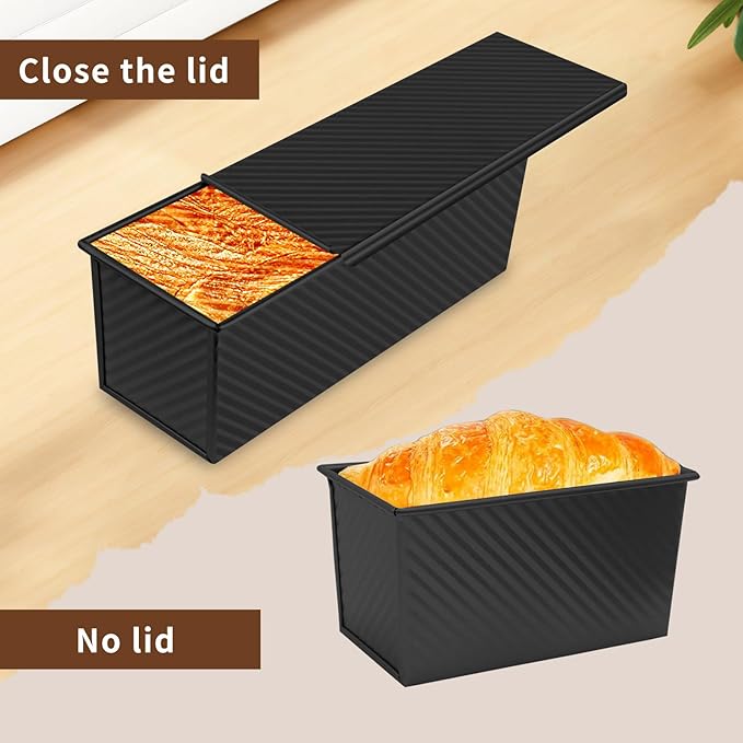 Black Pullman Loaf Pan with Lid, 13 Inch Pullman Bread Pan with Cover, 2.2LB & 1LB Dough Capacity, 2 Pack Sandwiches Bread Loaf Pan Nonstick, for Sourdough and Toast