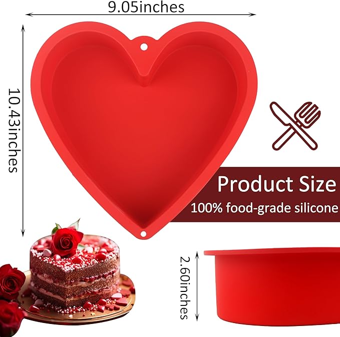 MILIVIXAY 2PCS Heart Shaped Cake Pans, 10 Inch Cake Mold, Red, Thick Style, Completely Non Stick, Food Grade Silicone, Easy To Store and Wash, Microwave, Freezer and Oven Safe.