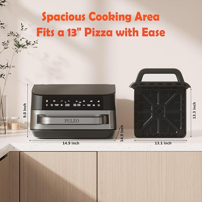 PULZO 7.4 Qt Large Air Fryer, 13IN Large Pizza Airfryer, 12-IN-1Smart Digital Fryer with Basket, 166° Viewing Window, 8 Airfryer Presets, Roast, Bake, Broil, Reheat, Dehydrate, Automatic Shutdown