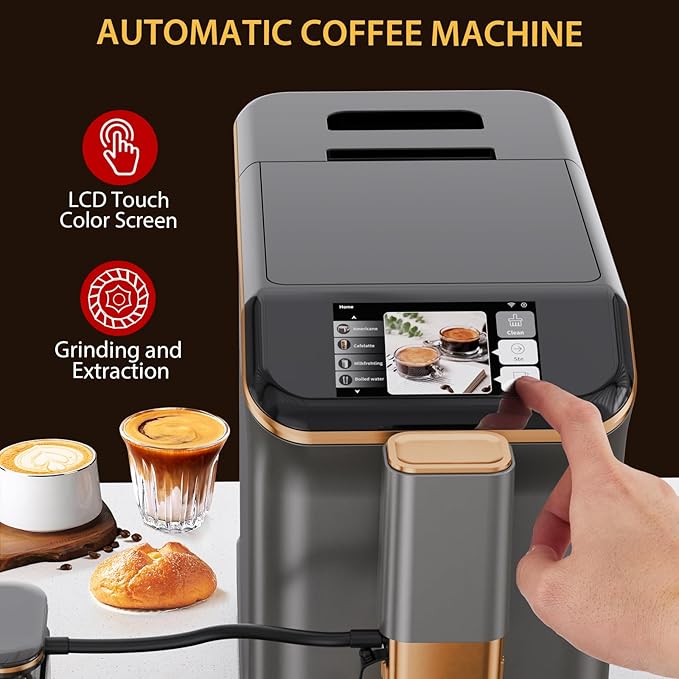 Fully Automatic Espresso Machine with Smart TFT Touchscreen, Brewing System and Automatic Milk Frothing System, 6 One-Touch Programs, 1.5L Detachable Water Tank for Home/Office Use, Gray&Gold