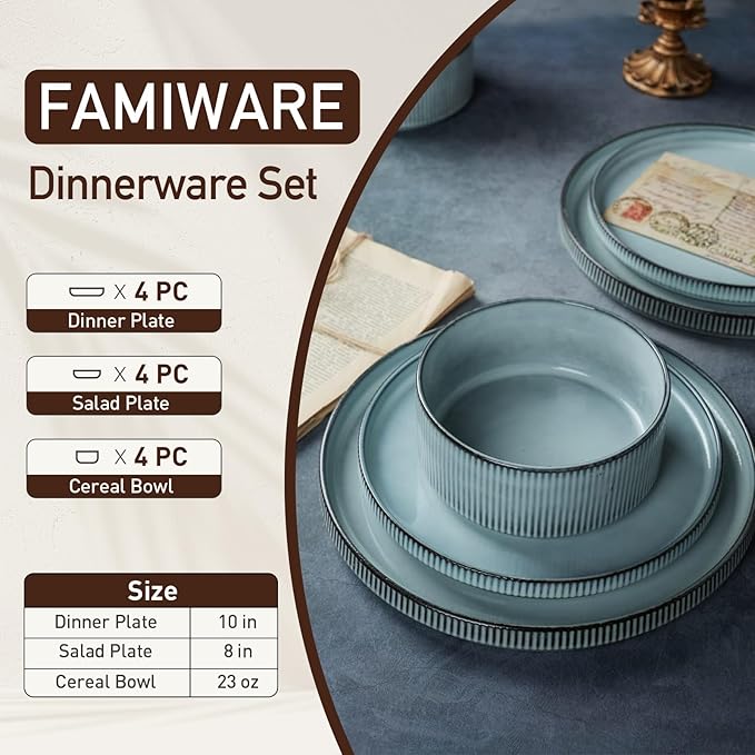 famiware Star Dinnerware Sets, Plates and Bowls Set for 4, 12 Pieces Ribbed Dishes - Chip and Scratch Resistant, Microwave and Dishwasher Safe Tableware, Smoky Blue