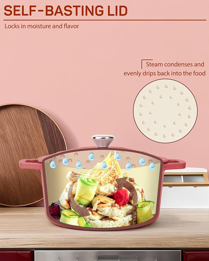 Enameled Cast Iron Dutch Oven – 6 Quart Pot with Lid & Potholders – Heavy-Duty Cookware for Bread Baking, Braising, Stews & Roasting – Oven & Stovetop Safe up to 500°F – Red