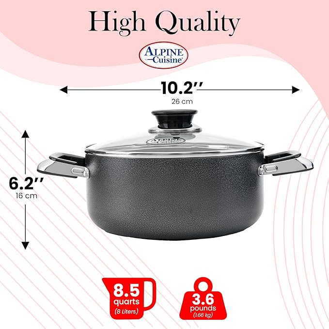 Alpine Cuisine 8.5 Quart Non-stick Stock Pot with Tempered Glass Lid and Carrying Handles, Multi-Purpose Cookware Aluminum Dutch Oven for Braising, Boiling, Stewing