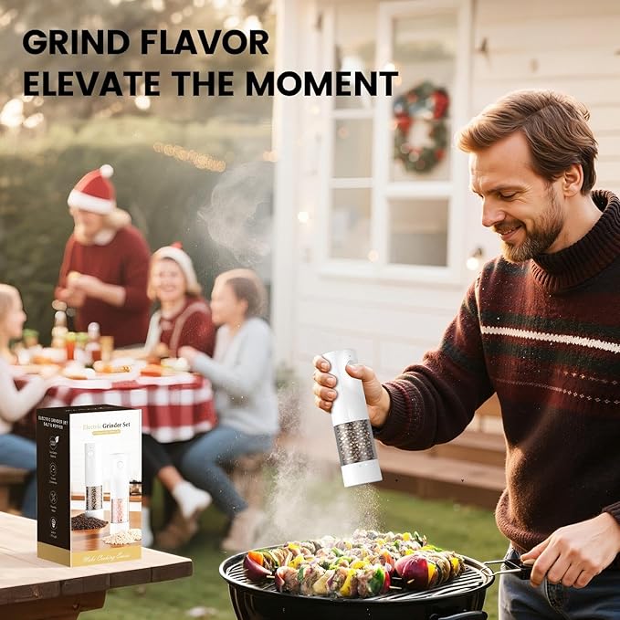 Electric Salt and Pepper Grinder Set - Rechargeable Automatic Salt and Pepper Shakers, Kitchen Appliances with External Adjustable Coarseness, Larger Hopper for Cooking, Home Gifts(2 Pack,White/White)