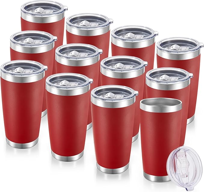 20 oz Tumblers Bulk Stainless Steel Tumbler with Lid Double Wall Vacuum Insulated Coffee Mug 20oz Powder Coated Cup for Hot and Cold Drinks, Red, 12 pack