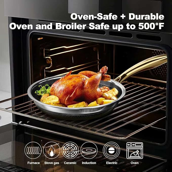 Fogdream 3PCS Pots and Pans Set Non Stick, Stainless Steel Pan, Dishwasher and Oven-Safe Frying Pan, PFOA Free and Induction Compatible Cookware Set, Gold