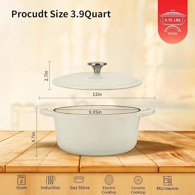 Enameled Cast Iron Dutch Oven Pot with Lid, 3.9 Quart Dutch Oven for Bread Baking, Oven Safe up to 500° F, Suitable for Bread Baking, Braising, Roasting, Stews, White