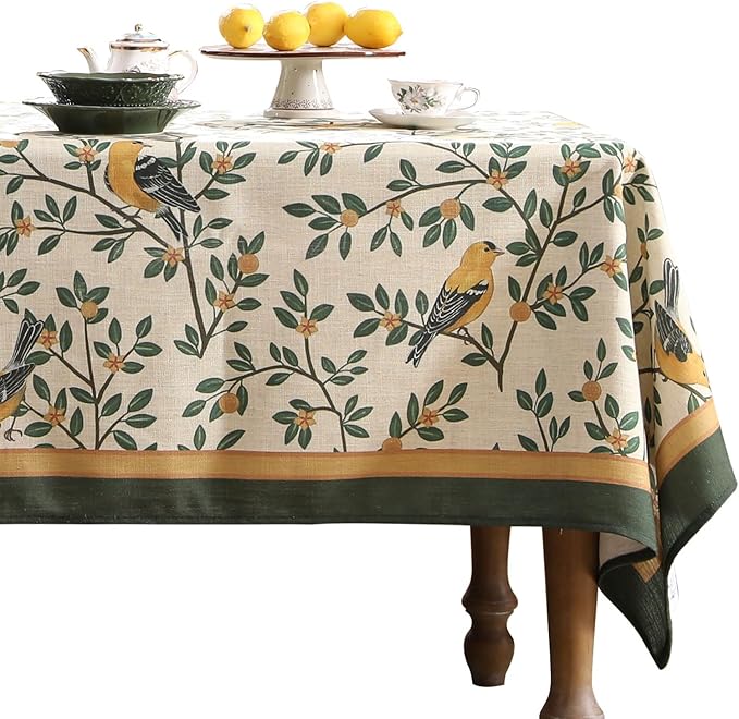 patdrea Designer French Floral Table Cloth Square Table,Yellow Brids Fresh Green Leaves Pattern Linen Spring Summer Tablecloth,Decor Kitchen Dining Holiday Christmas,67"x 67"
