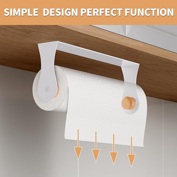 Paper Towel Holder Under Cabinet, White Kitchen Accessories Decor, Wall Mount, White Paper Towel Holder for Bathroom, Stainless Steel, Adhesive or Screws