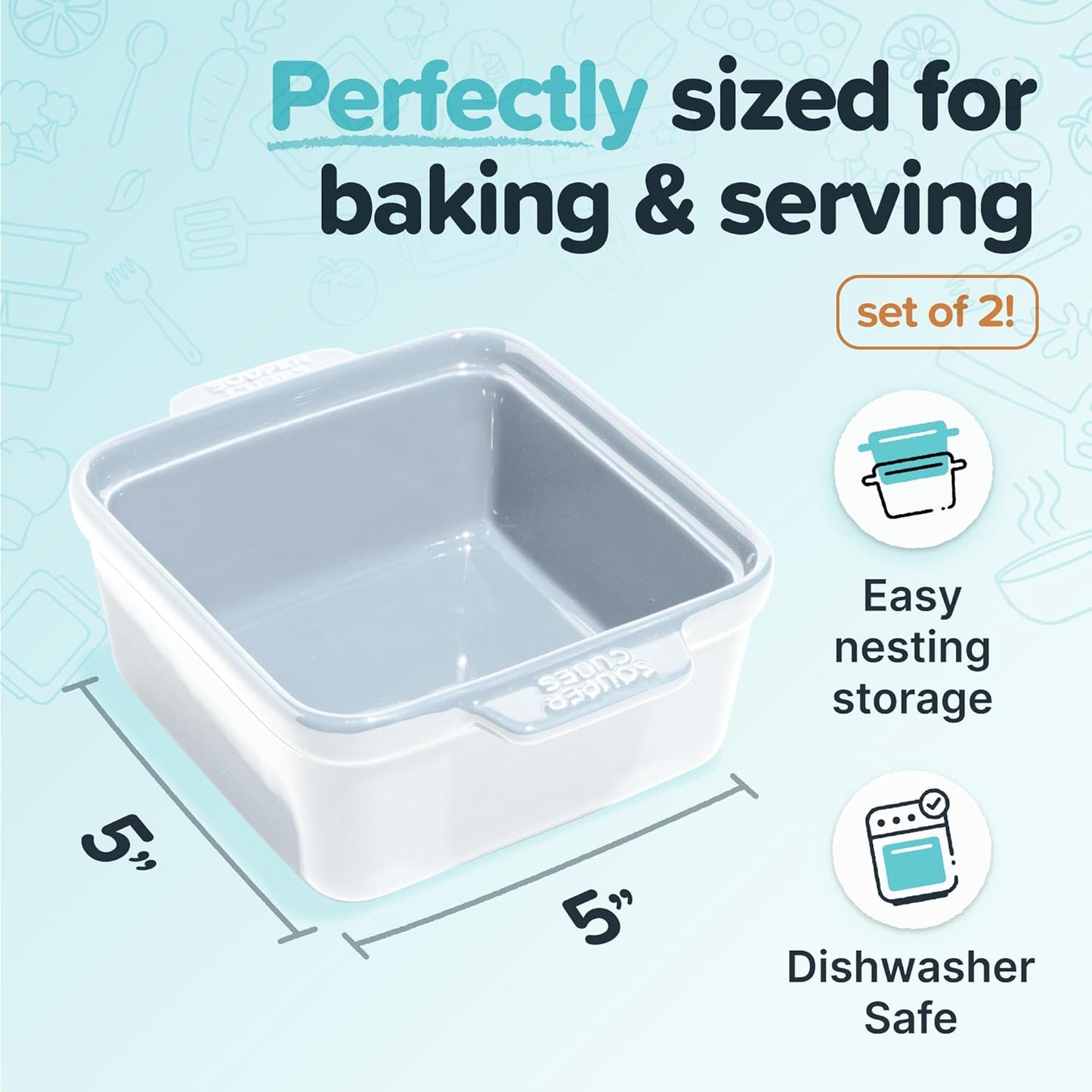 Souper Cubes Stoneware - 5" x 5" Baking Dishes for Oven with Silicone Covers, Premium Mini Ceramic Baking Dishes, Perfect for Reheating Individual Portions in Oven or Microwave, Set of 2 - White