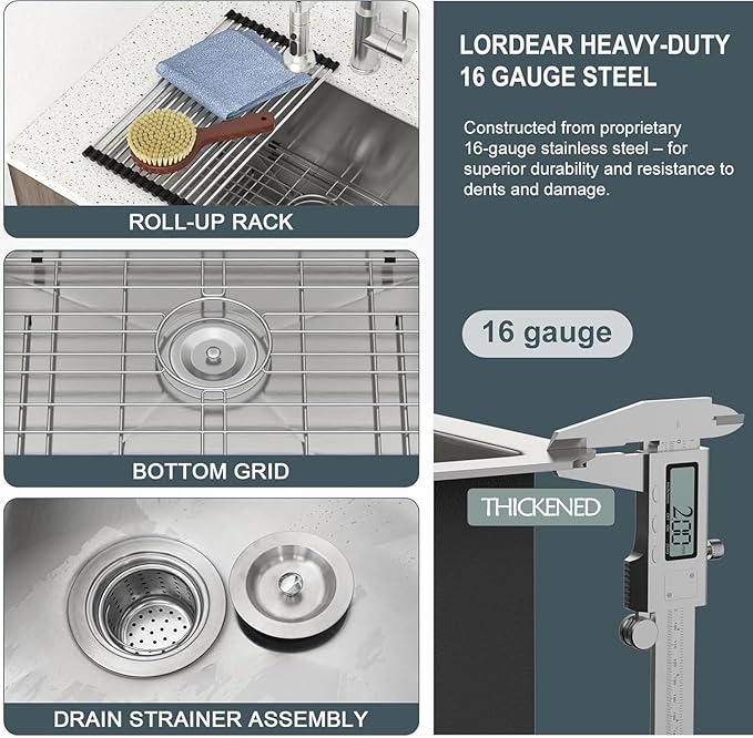 Lordear Undermount Laundry Sink 23" x 18" x 12" Single Bowl 16 Gauge Stainless Steel Deep Laundry Room Utility Kitchen Sinks Basin
