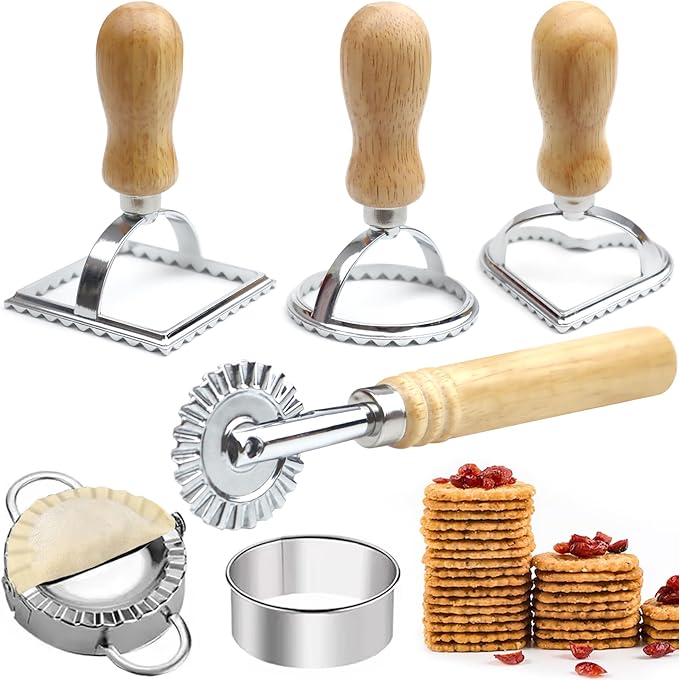 Ravioli Pasta Maker Cutter with Roller Wheel (Set of 6), Ravioli Cutter Set with Wooden Handle, Ravioli Press Pasta Maker Tools for Ravioli, Pasta Making Dumplings, Lasagna, Pierogi