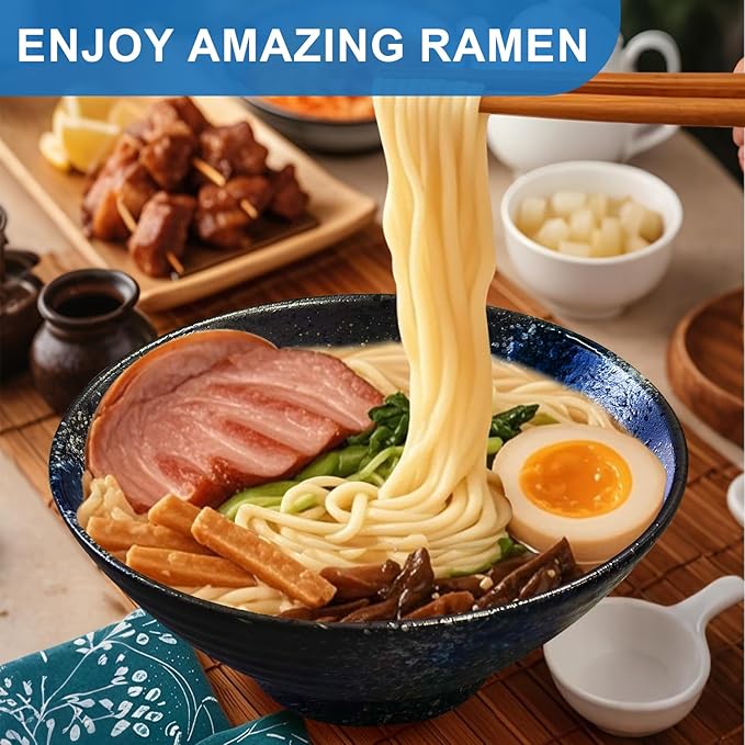 8-Inch Ceramic Ramen Bowl Set of 4 (17 Piece) - Porcelain Japanese Salad Noodles Cereal Fruit Pasta Soup Large Bowls with Recipes Chopsticks Forks Spoons for Men Women Gift Microwave Dishwasher Safe