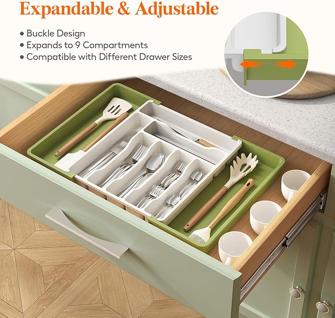 Lifewit Silverware Drawer Organizer, Expandable Utensil Organizer for Kitchen Drawers, Adjustable Cutlery and Flatware Tray, Plastic Spoons Forks Knives Holder Storage Dividers, Large, Green&White