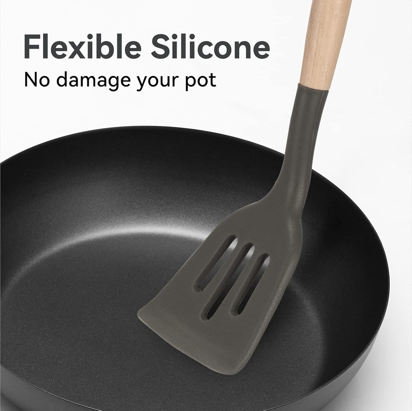 Non-Stick Silicone Cooking Utensils Set, 5 Pcs with Wooden Handle, Heat Resistant Silicone Kitchen Gadgets (Gray)