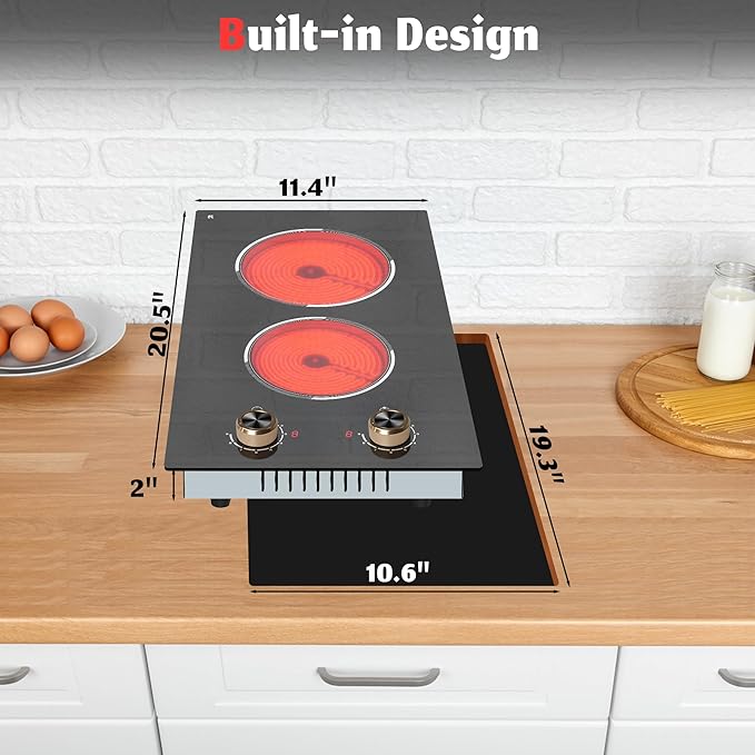 2 Burner Electric Cooktop, Built-in & Countertop Electric Stovetop 12 Inch, Ceramic Cook Top with Knob Control, 9 Power Levels Setting, Over-Temperature Protection, 110V - 120V Plug in