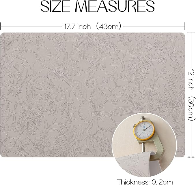 Romanstile Vinyl Placemats Set of 4-12 X 18 Inch - Heat Resistant Non-Slip Embossed Floral Place Mats 100% Waterproof Oilproof Wipeable Faux Leather Table Mats for Kitchen/Dining/Party, LightGrey