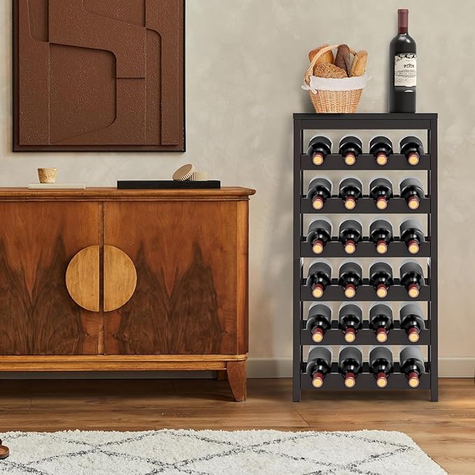 24-Bottle Wine Rack Freestanding Floor, 6-Tier Bamboo Wine Display Rack Storage Shelf with Table Top for Kitchen Dining Room Bar Cellar - Dark Brown