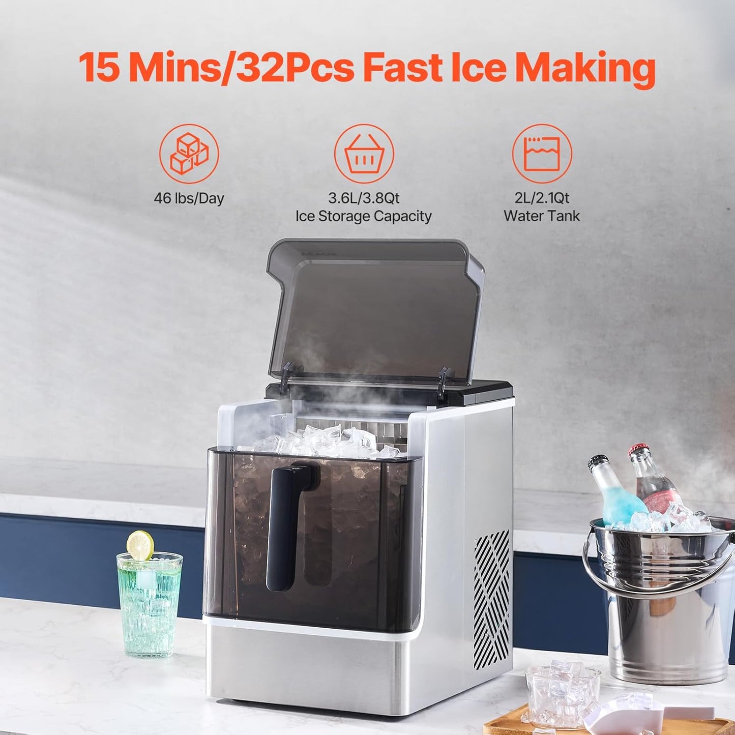 VEVOR Countertop Ice Maker, 32 Cubes Ready in 15 Mins, 46lbs in 24Hrs, Self-Cleaning Portable Ice Maker with Convenient Ice Transfer, Ice Machine with 3 Sizes Ice Cube for Home Kitchen Office Party