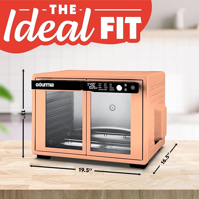 Gourmia French Door Digital Air Fryer Oven - XL 37QT Capacity, 12 Presets, FryForce 360° Tech, Dehydrate, Proof, Slow Cook, Fits 13” Pizza, 1700W, Peach