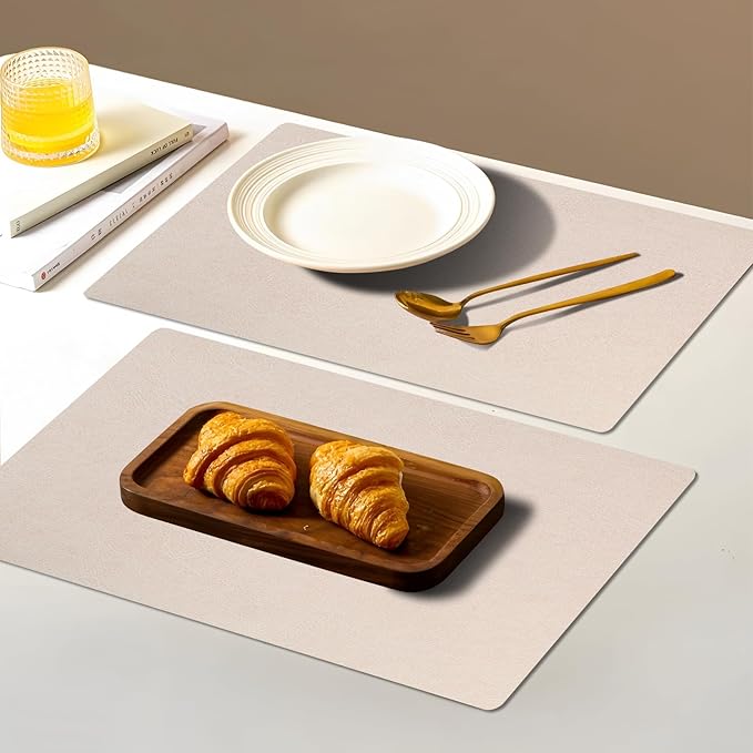 Vinyl Placemats Set of 6-12×17.7 Inch Waterproof & Heattable Placemats, Fall Faux Leather Wipeable Outdoor Table Mat for Dining, Kitchen, Indoor Outdoor Use (Beige, Cowhide Grain)