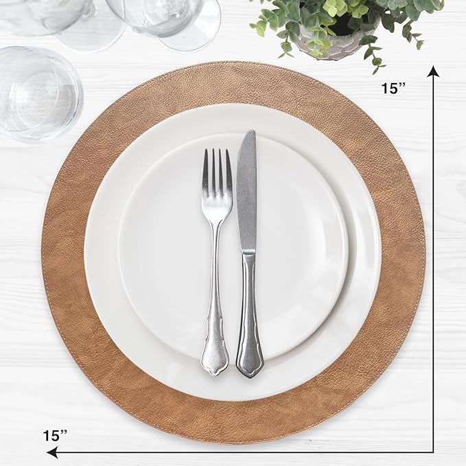 Placemats Set of 6 – Round 15” Faux Leather Table Mats for Dining, Heat Resistant & Non-Slip Washable Table Decor, Indoor, Outdoor, Dining Table Set for 6, Modern Kitchen & Holiday Use, Camel