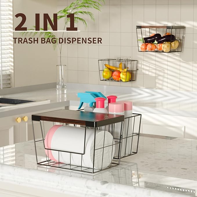 Trash Bag Holder Dispenser 2-Pack, Under Sink Organizer with Wood Lid & Wall Mount, Large Capacity for 13 Gallon Kitchen Trash Bags, Plastic Bag Storage for Laundry Room and Pantry Organization