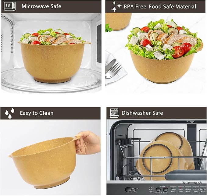 BoxedHome Dressing Bowl Set Red Pine Fiber Salad Bowls Non-Slip Stackable Kitchen Bowls 4 Piece Set Purely natural, made of natural fibers(Deep yellow)