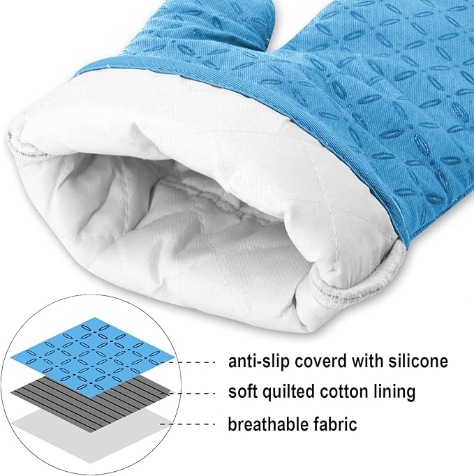 KEGOUU Oven Mitts and Pot Holders 6pcs Set, Kitchen Oven Glove High Heat Resistant 500 Degree Extra Long Oven Mitts and Potholder with Non-Slip Silicone Surface for Cooking (Sky Blue)