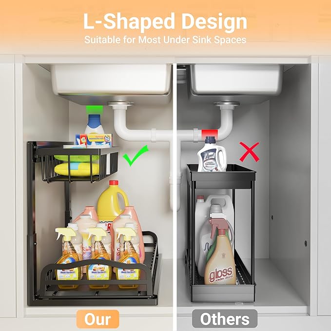 AceMining Under Sink Organizer, 2 Pack Pull-Out Under Cabinet Organizer, 2 Tier Under Sink Storage with Sliding Basket, L-Shaped and Adjustable Height Design for Kitchen and Bathroom