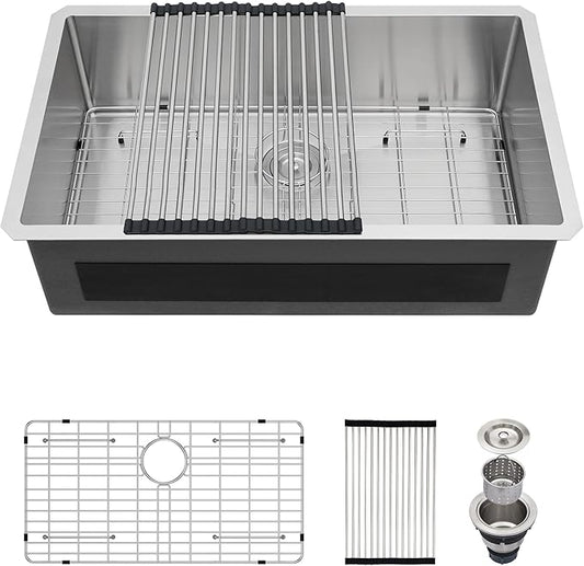 32x19 Undermount Kitchen Sink - GhomeG 32 Inch Deep Single Bowl kitchen sink 16 Gauge Stainless Steel Under Counter Kitchen Sink Basin With R10 Round Corners