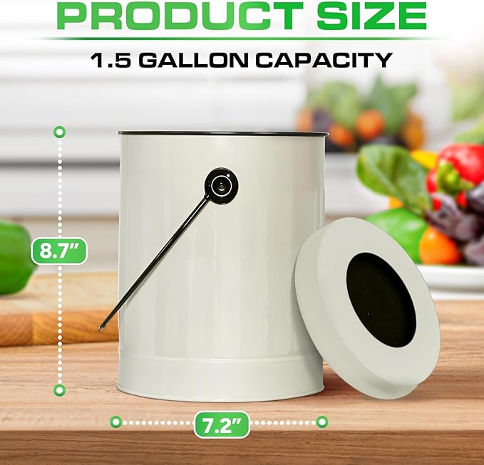 Plexon Countertop Compost Bin Kitchen Indoor with Lid, Off-White 1.5 Gallon Odorless Container, Steel Food Compost Bucket for Kitchen with Charcoal Filter, Compost Pail Countertop