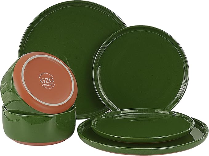 GZG Modern Art Series - 6 Pcs Speckled Stoneware Plates and Bowls Sets, Ceramic Dinnerware Set with Rustic Terracotta Underside, Microwave and Dishwasher Safe Handcrafted Dishes Set - Verdant Green