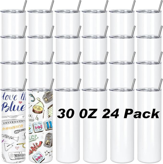 30 Oz Sublimation Tumblers Bulk (24 Pack) - Stainless Steel Double Wall Vacuum Insulated Cups With Straw, Individually Boxed