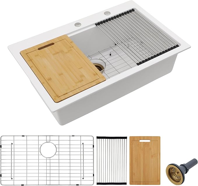 33"x22" Granite Composite Kitchen Sink Drop In – White Quartz Classic Ledge Workstation Topmount Single Bowl Sink Basin