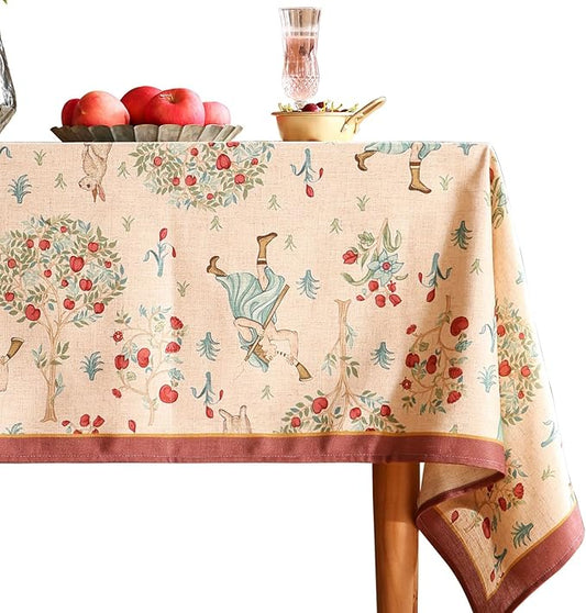 patdrea Designer Beige Tablecloth for Rectangle Tables,Vintage Elegant French Linen with Trees and Kid Pattern Table Cloth,Farmhouse Table Cover Cloth Decor for Kitchen Dining Christmas,67"*118"
