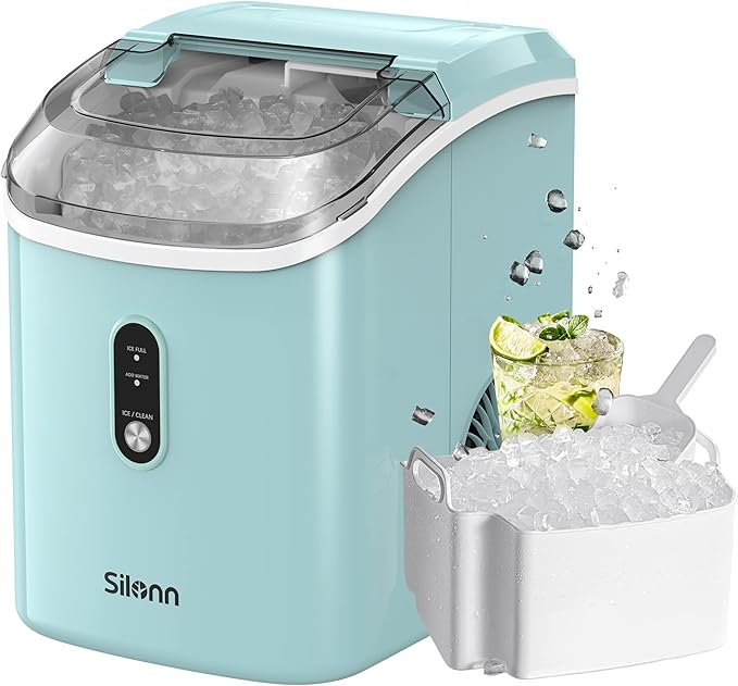 Nugget Ice Maker Countertop, Silonn Chewable Pellet Ice Machine with Self Cleaning Function, Pebble Portable Ice Maker with Ice Scoop for Home Kitchen Office, Green