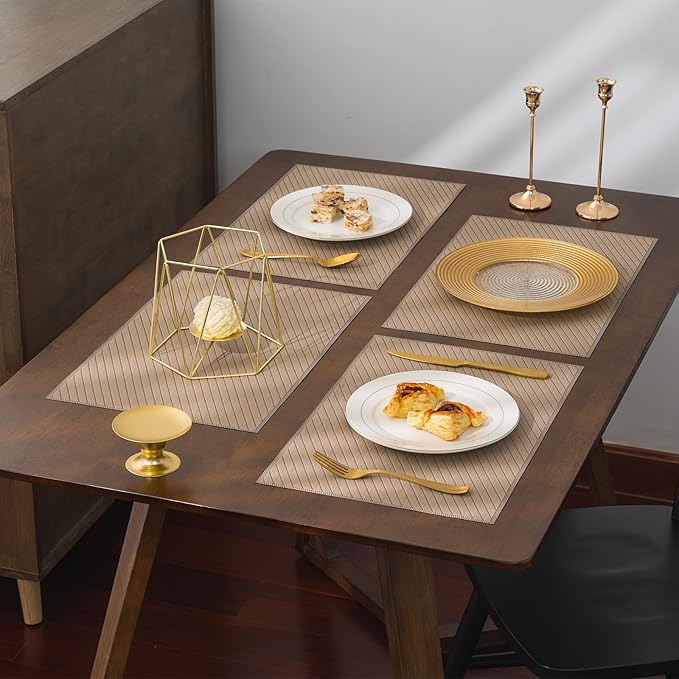 BACKTOEDEN Placemats Set of 12 Heat Resistant Washable Wipeable Placemat Woven Non-Slip Foldable Vinyl/Plastic Place Mats Indoor/Outdoor Mat Kitchen Dining Table Pad, Khaki Twill