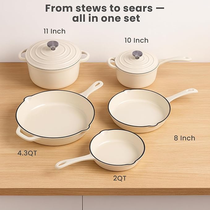 QuliMetal Enameled Cast Iron Cookware Set, 5 Pcs Pots and Pans with Lid, Skillet, Frying Pan, Saucepan & Dutch Oven for All Stovetops, PFA Free - Ideal for Sourdough Bread Baking